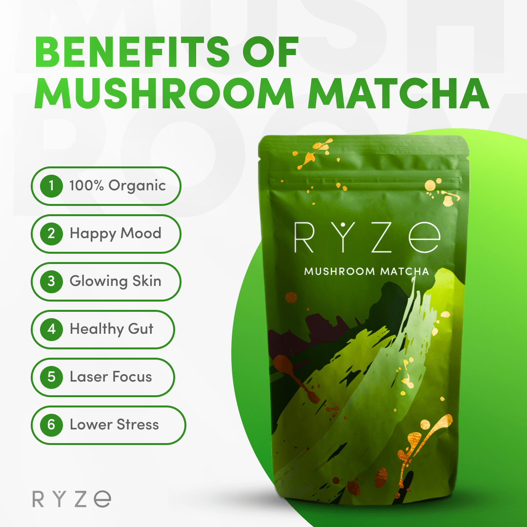 RYZE Mushroom Matcha - with 6 Organic Adaptogenic Mushrooms Grown In USA and Ceremonial-Grade Japanese Matcha - 8G5W