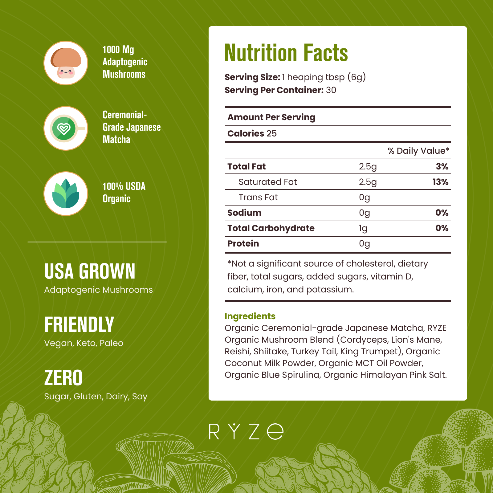 RYZE Mushroom Matcha - with 6 Organic Adaptogenic Mushrooms Grown In USA and Ceremonial-Grade Japanese Matcha - 8G5W