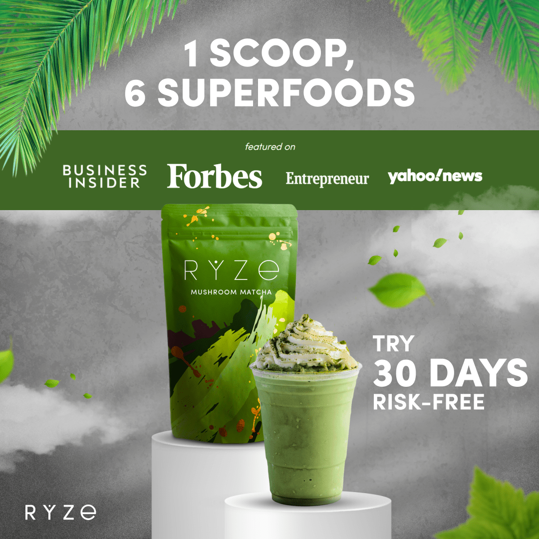 RYZE Mushroom Matcha - with 6 Organic Adaptogenic Mushrooms Grown In USA and Ceremonial-Grade Japanese Matcha - 8G5W